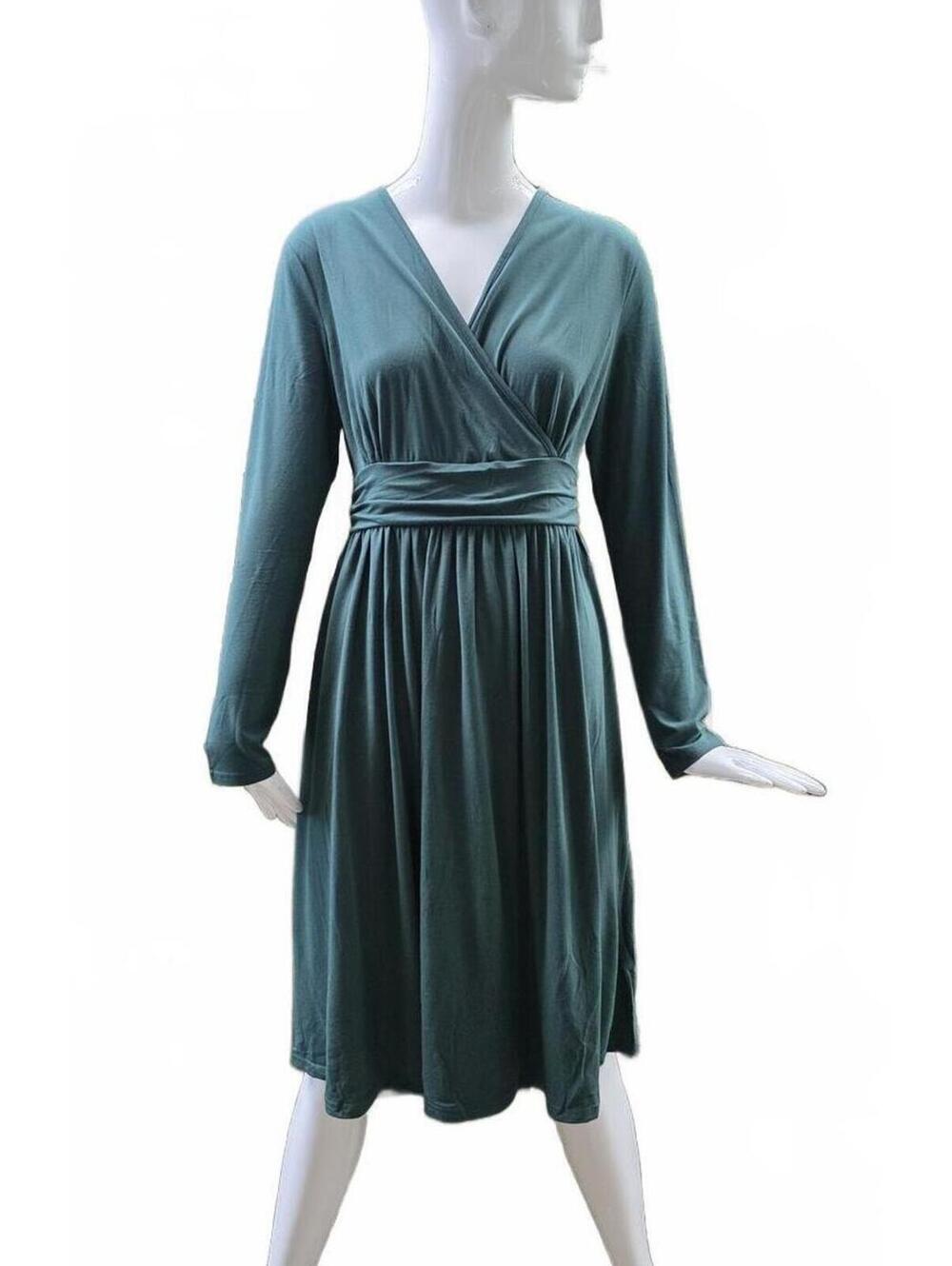 NWT Grecerelle Emerald Green Long Sleeve V-Neck Faux Wrap Midi Dress  Lg